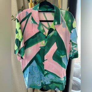 Zara Men’s Green and Pink Patterned Shirt